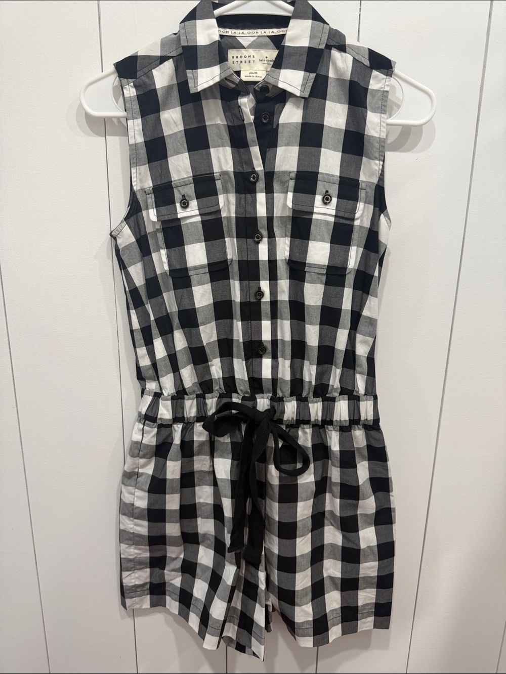 Kate Spade Black White Cotton Gingham Sleeveless Romper w/ Drawstring Women’s XS